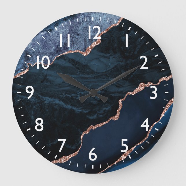 Blue and Faux Gold Glitter Marble Agate Large Clock (Front)