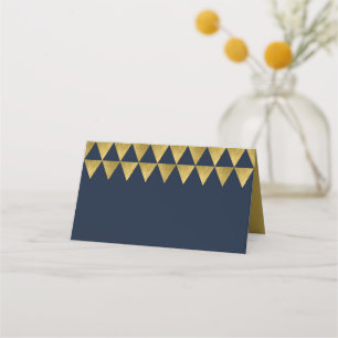 Blue and Faux Gold Triangle Geometric Pattern Place Card
