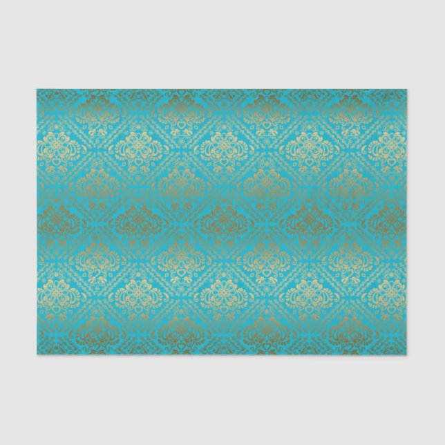Blue And Faux Metallic Gold Floral Damasks Tissue Paper (Front)