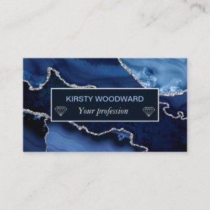 Blue and Faux Silver Glitter Marble Agate Business Card