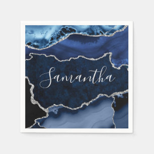 Blue and Faux Silver Glitter Marble Agate Napkin