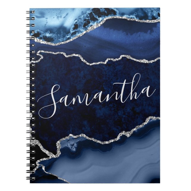 Blue and Faux Silver Glitter Marble Agate Notebook (Front)