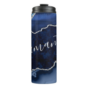 Blue and Faux Silver Glitter Marble Agate Thermal Tumbler
