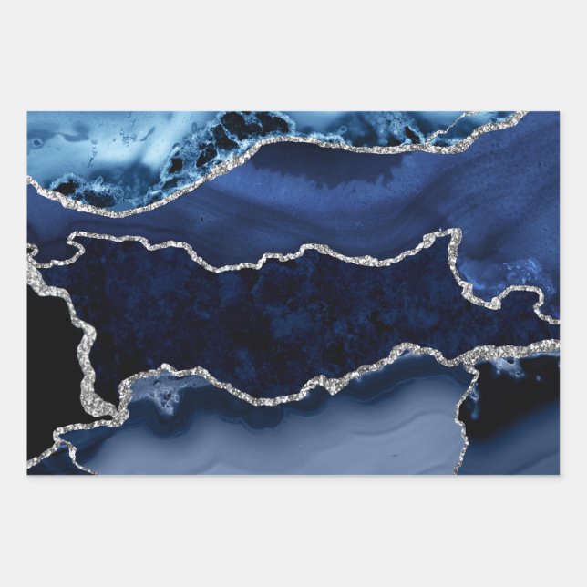 Blue and Faux Silver Glitter Marble Agate Wrapping Paper Sheet (Front)