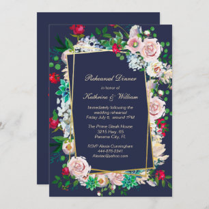 Blue and Floral Frame Wedding Rehearsal Dinner Invitation