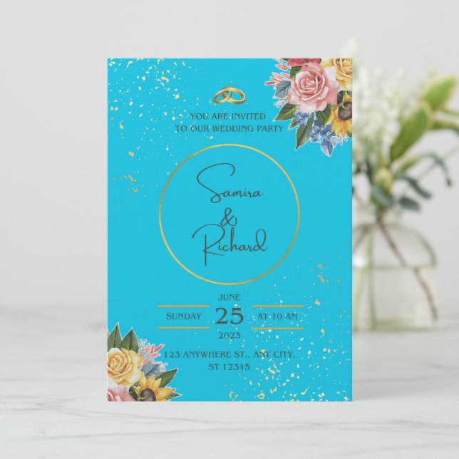 Blue and Floral wedding  Invitation (Standing Front)