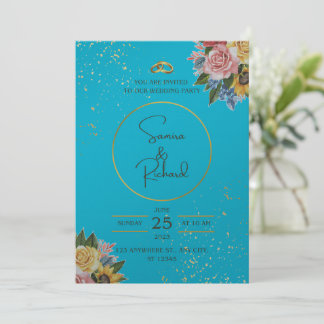 Blue and Floral wedding  Invitation