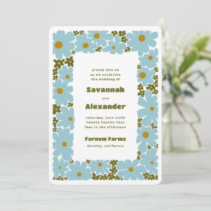 Blue and Forest Green Groovy Blooms Boho Wedding Invitation