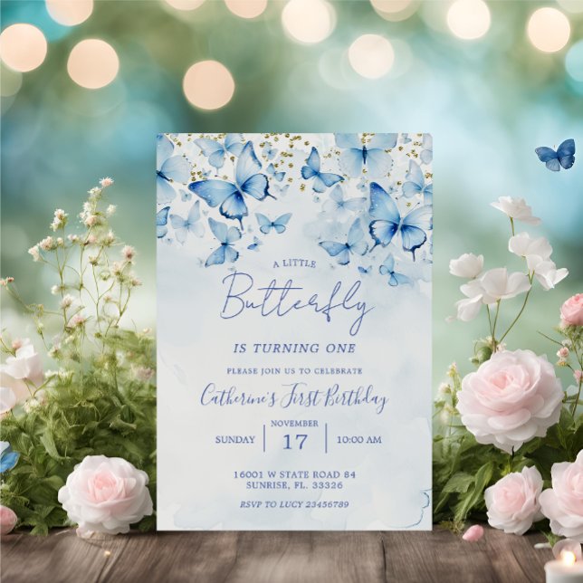 Blue and Glitter Butterflies Birthday Party Invitation (Creator Uploaded)