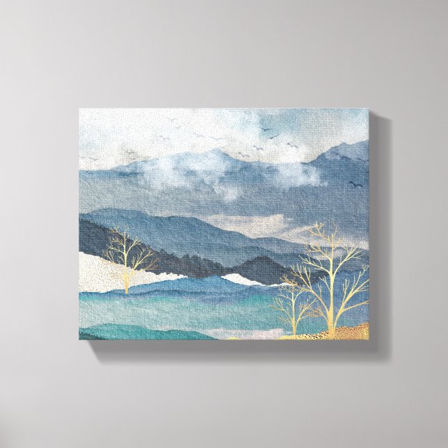 Blue and Glittering Gold Landscape Canvas Print (Front)