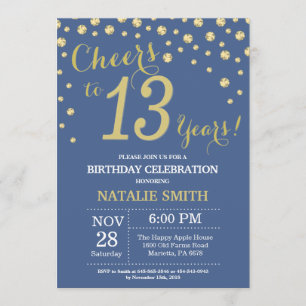 Blue and Gold 13th Birthday Diamond Invitation