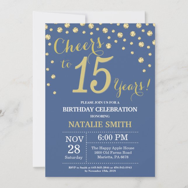 Blue and Gold 15th Birthday Diamond Invitation (Front)