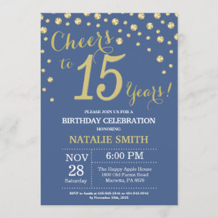 Blue and Gold 15th Birthday Diamond Invitation