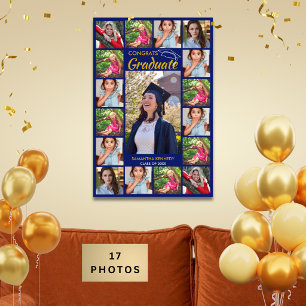 Blue And Gold 17 Photo Collage Congrats Graduate Poster