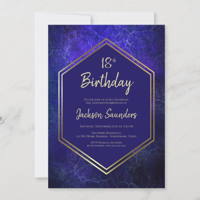 Blue and Gold 18th Birthday Party Invitation (Front)