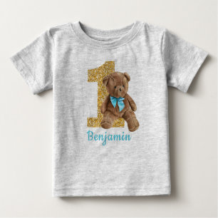 Blue and Gold 1st Birthday Teddy Bear Baby T-Shirt