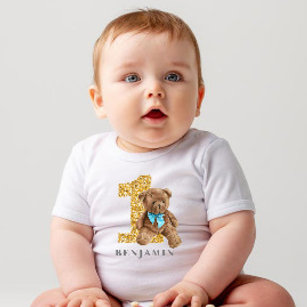 Blue and Gold 1st Birthday Teddy Bear Baby T-Shirt