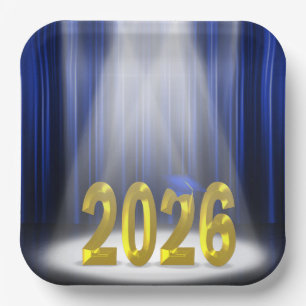 Blue and Gold 2025 Graduation in Spotlight Paper Plate