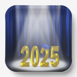 Blue and Gold 2025 Graduation in Spotlight Paper Plate
