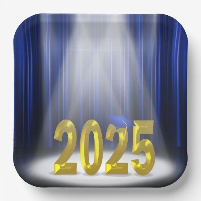 Blue and Gold 2025 Graduation in Spotlight  Paper Plate (Front)