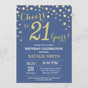 Blue and Gold 21st Birthday Diamond Invitation
