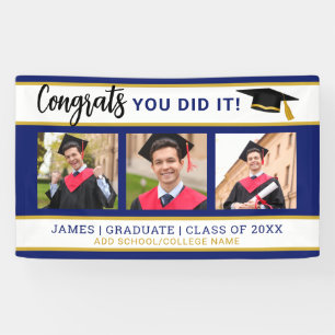 Blue And Gold 3 Photo Collage Congrats Grad 2025 Banner