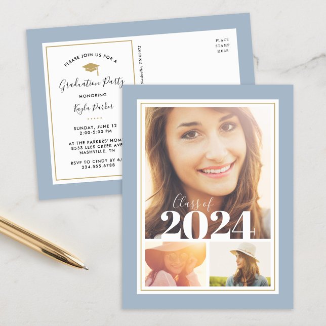 Blue and Gold 3 Photo Graduation Party Invitation (Creator Uploaded)