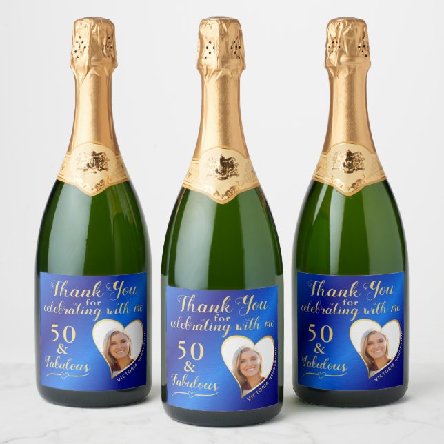 Blue and Gold 50 and Fabulous Birthday Thank You Sparkling Wine Label (Bottles)