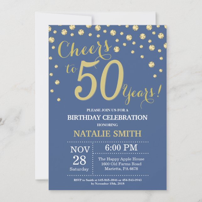 Blue and Gold 50th Birthday Diamond Invitation (Front)
