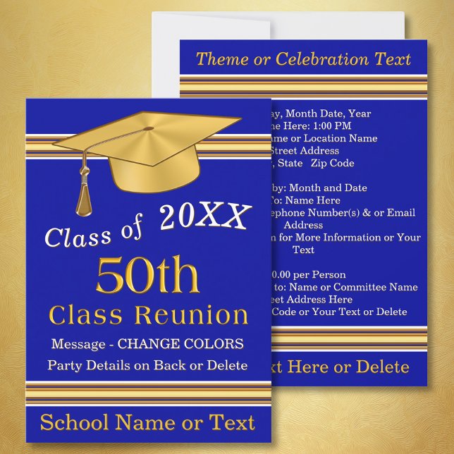 Blue and Gold 50th Class Reunion Invitations (Customizable, 50th Class Reunion Invitations. Blue and Gold, 50 year class reunion invitations. )