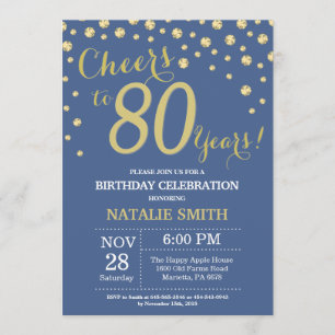 Blue and Gold 80th Birthday Diamond Invitation
