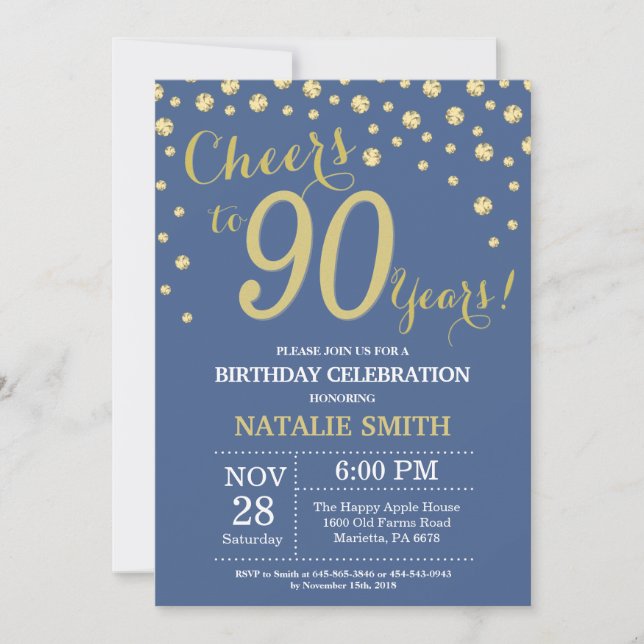 Blue and Gold 90th Birthday Diamond Invitation (Front)
