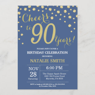 Blue and Gold 90th Birthday Diamond Invitation