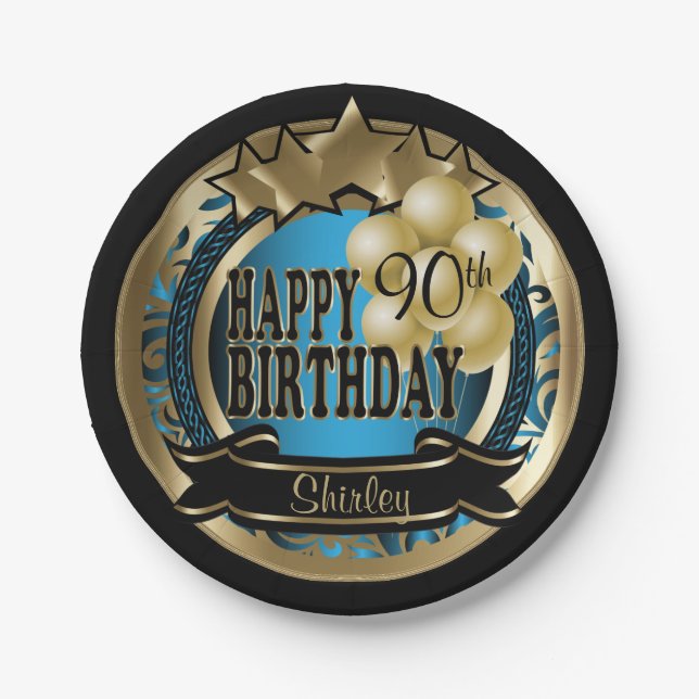 Blue and Gold Abstract 00th Birthday Star Paper Plate (Front)