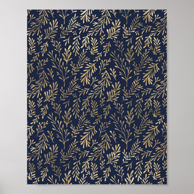Blue and Gold Abstract Art Deco Leaves Pattern Poster (Front)