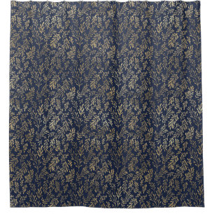 Blue and Gold Abstract Art Deco Leaves Pattern  Shower Curtain