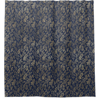Blue and Gold Abstract Art Deco Leaves Pattern  Shower Curtain