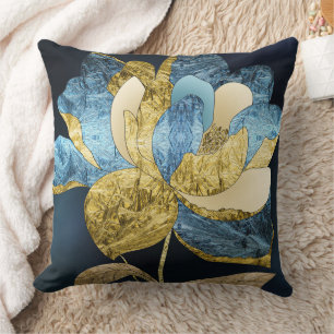 Blue and Gold Abstract Flower with Textured Petals Cushion