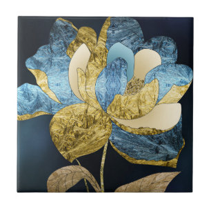 Blue and Gold Abstract Flower with Textured Petals Tile