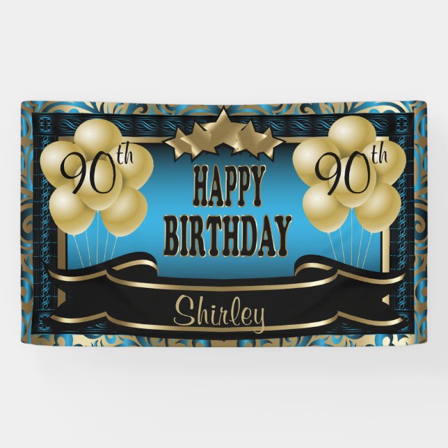 Blue and Gold Abstract Happy 00th Birthday Banner (Horizontal)