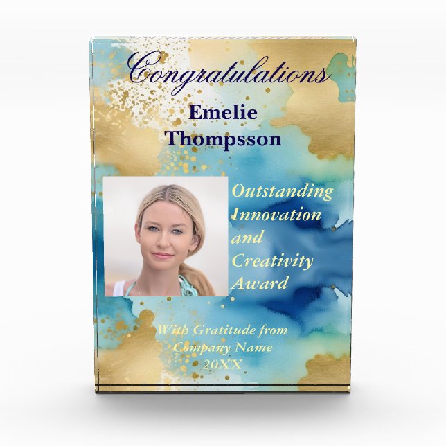 Blue and Gold Abstract Innovation Creativity Award Photo Block (Front)