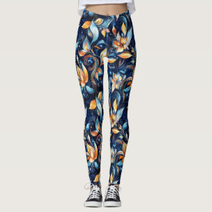 Blue and Gold Abstract Paisley Leaves (2) Leggings