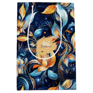Blue and Gold Abstract Paisley Leaves (2) Medium Gift Bag