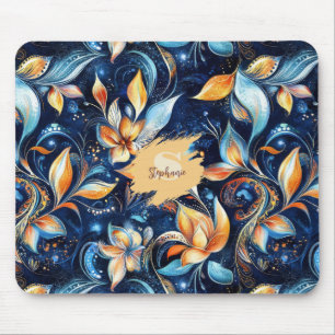 Blue and Gold Abstract Paisley Leaves (2) Mouse Mat