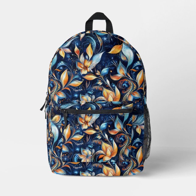 Blue and Gold Abstract Paisley Leaves (2) Printed Backpack (Front)