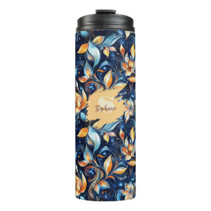 Blue and Gold Abstract Paisley Leaves (2) Thermal Tumbler