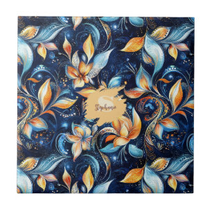 Blue and Gold Abstract Paisley Leaves (2) Tile