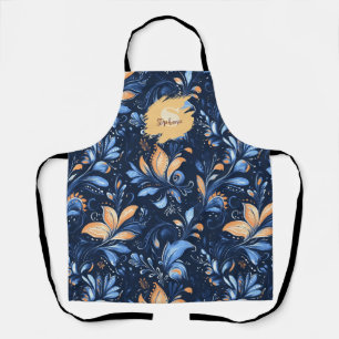 Blue and Gold Abstract Paisley Leaves (3) Apron