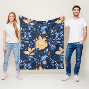 Blue and Gold Abstract Paisley Leaves (3) Fleece Blanket