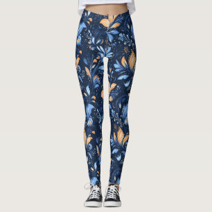 Blue and Gold Abstract Paisley Leaves (3) Leggings